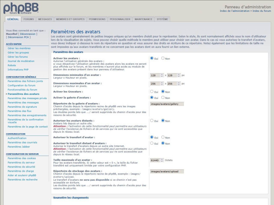Paramètres des avatars phpBB3